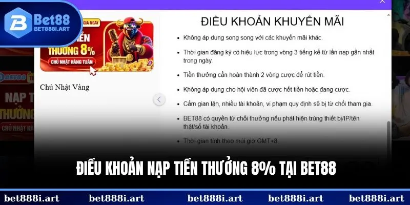 Điều khoản đăng ký nạp tiền thưởng 8% tại BET88